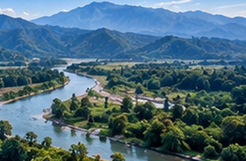 A river winding through forested hills seen from above