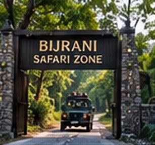 A jeep passing through a forest safari gate signed Bijrani Safari Zone