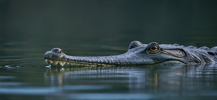 A gharial resting at the water's surface