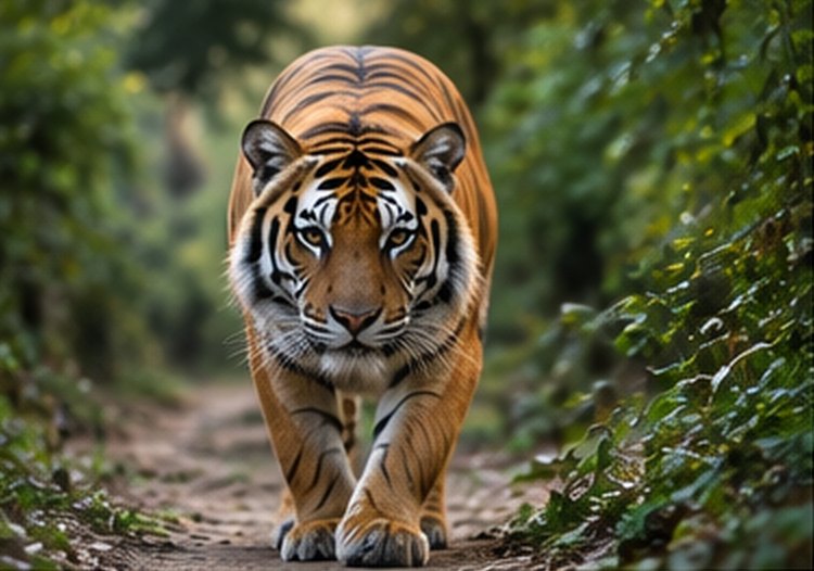 A tiger walking along a forest track